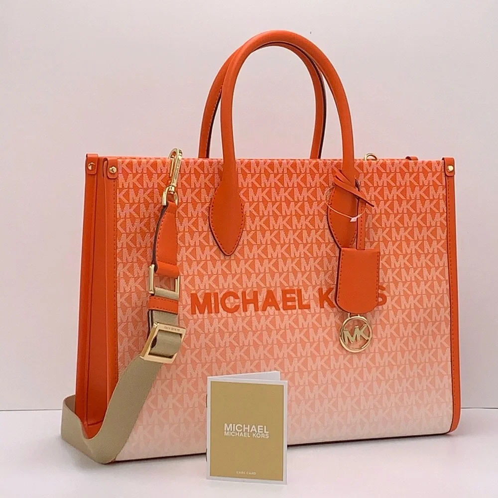 Michael Kors Mirella Medium Ombré Logo Tote Bag Poppy  NWT